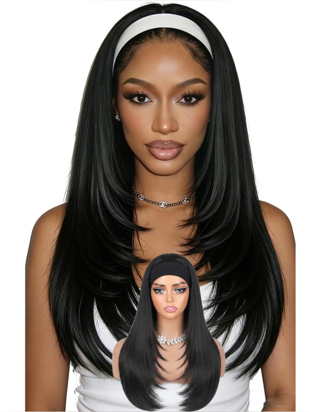 Black Straight Layered Headband Wig — Sleek Women's Hair